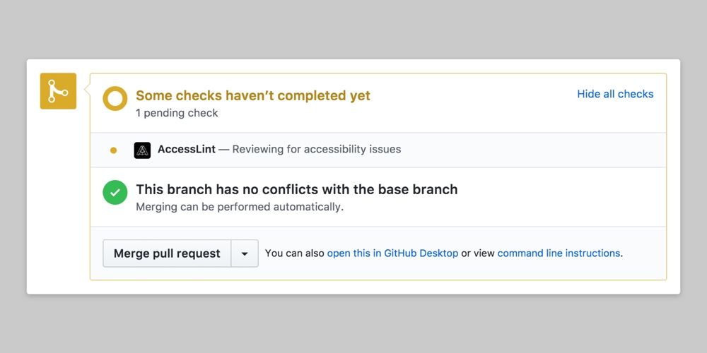 GitHub Pull Request dashboard showing a pending check for AccessLint review