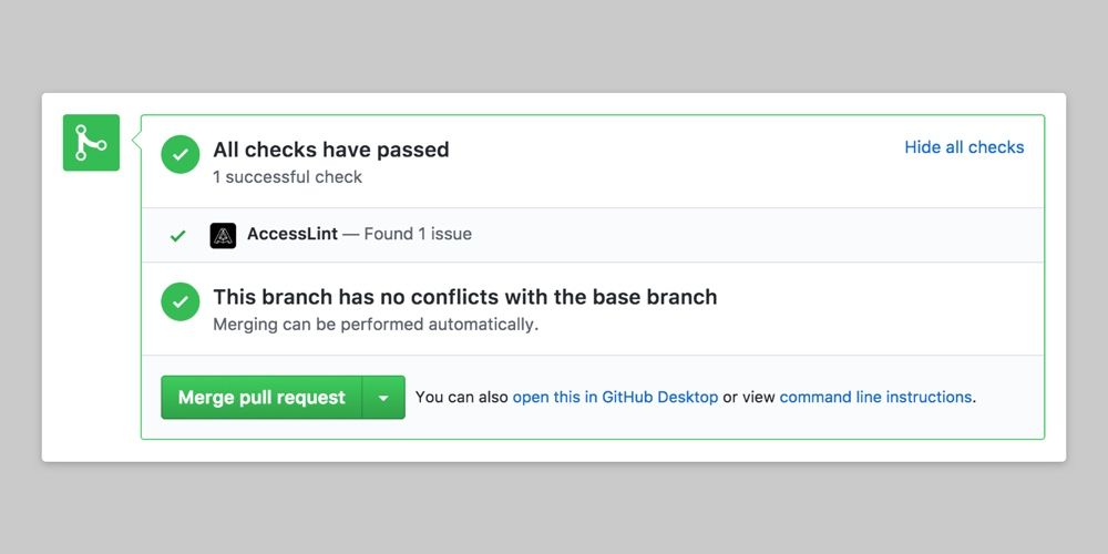 GitHub Pull Request dashboard showing AccessLint review comments with a success status