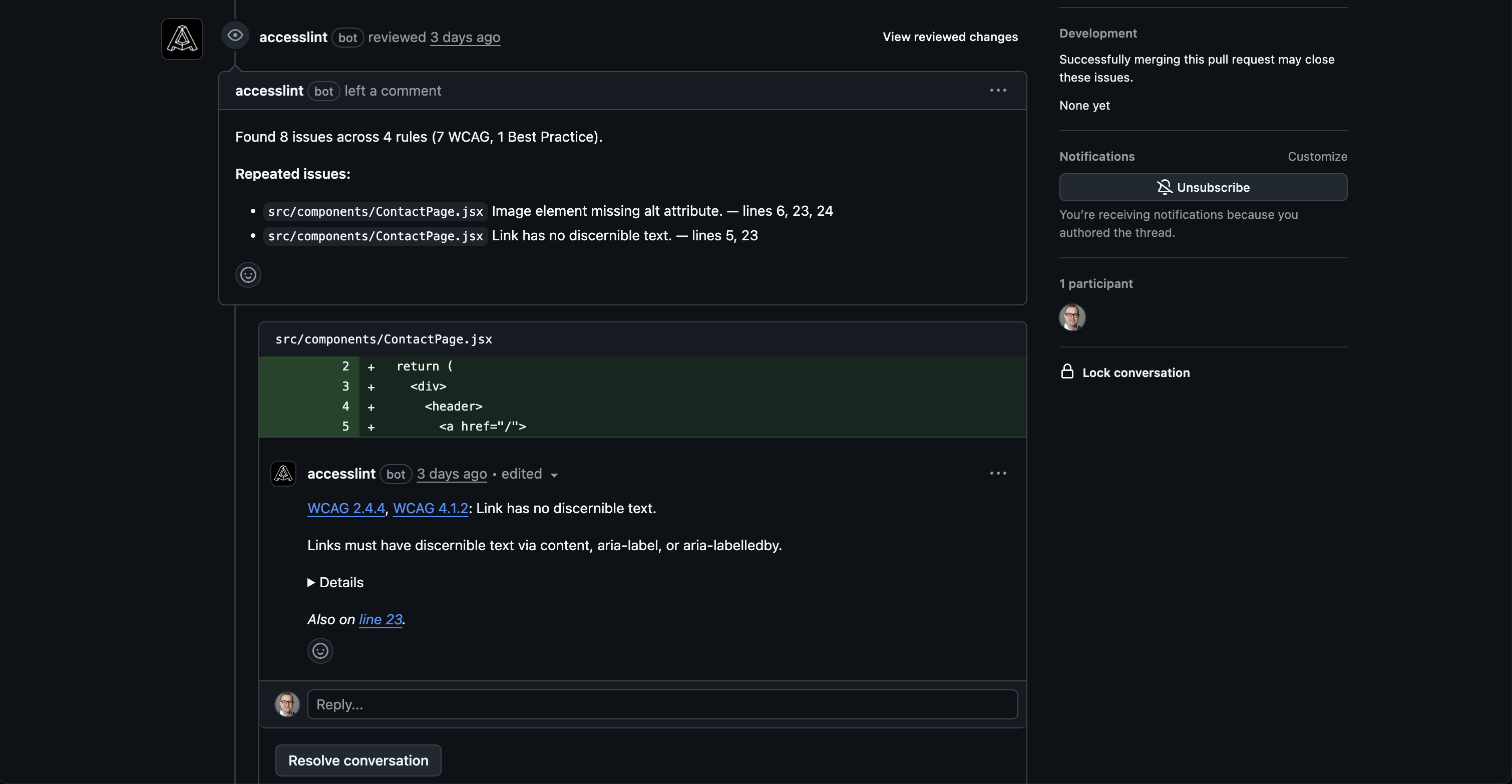 AccessLint bot reviewing a pull request on GitHub, showing inline comments for accessibility issues like missing alt attributes and links without discernible text.